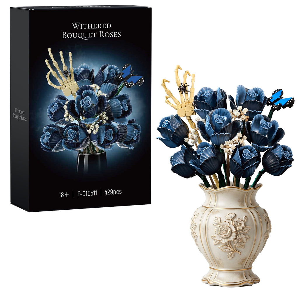 Skull Bouquet Building Block Sets Halloween Gothic Flowers Roses Collectible Room Decor Gift Valentine's Day Gifts for Women Adults