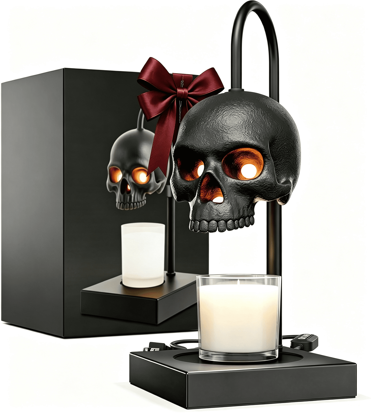 Skull Candle Warmer Lamp with Timer and Dimmer *Candles NOT Included – Black Gothic Candle Lamp Warmer w/Adjustable Height, 2 Light Bulbs – Skull Decor, Goth Gothic Decor Spooky Home & Witchy Gifts