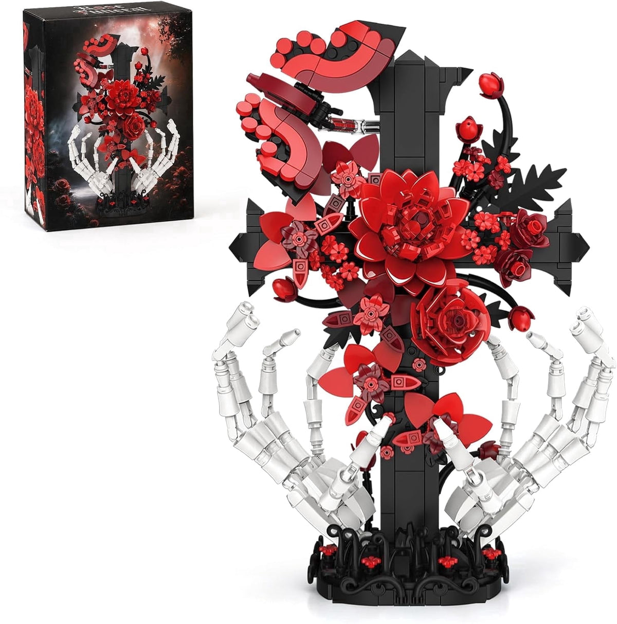 Gothic Cross Roses Building Set, Skeleton Hands with Flowers Botanical Collection Kit for Adults Women, Horror Goth Decor for Home Office, Gift for Her for Birthday/Halloween/Valentines Day/Christmas