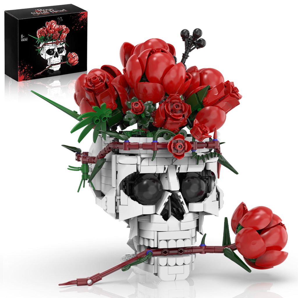 Skull Roses Flower Bouquet Building Set, Horror Skeleton Botanical Brick Kit for Adults, Gothic Decor with Red Roses, Unique Goth Gift for Halloween & Valentine's Day (1065PCS)