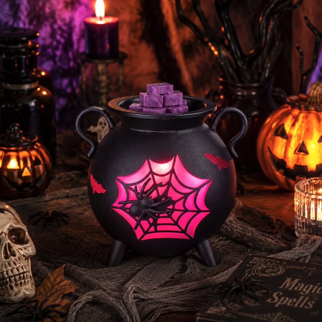 Sziqiqi Gothic Cauldron Wax Warmer: Halloween Electric Wax Melter with 2 Bulbs Spider Web Design Removable Dish for Scented Wax Spooky Home Decor Gift