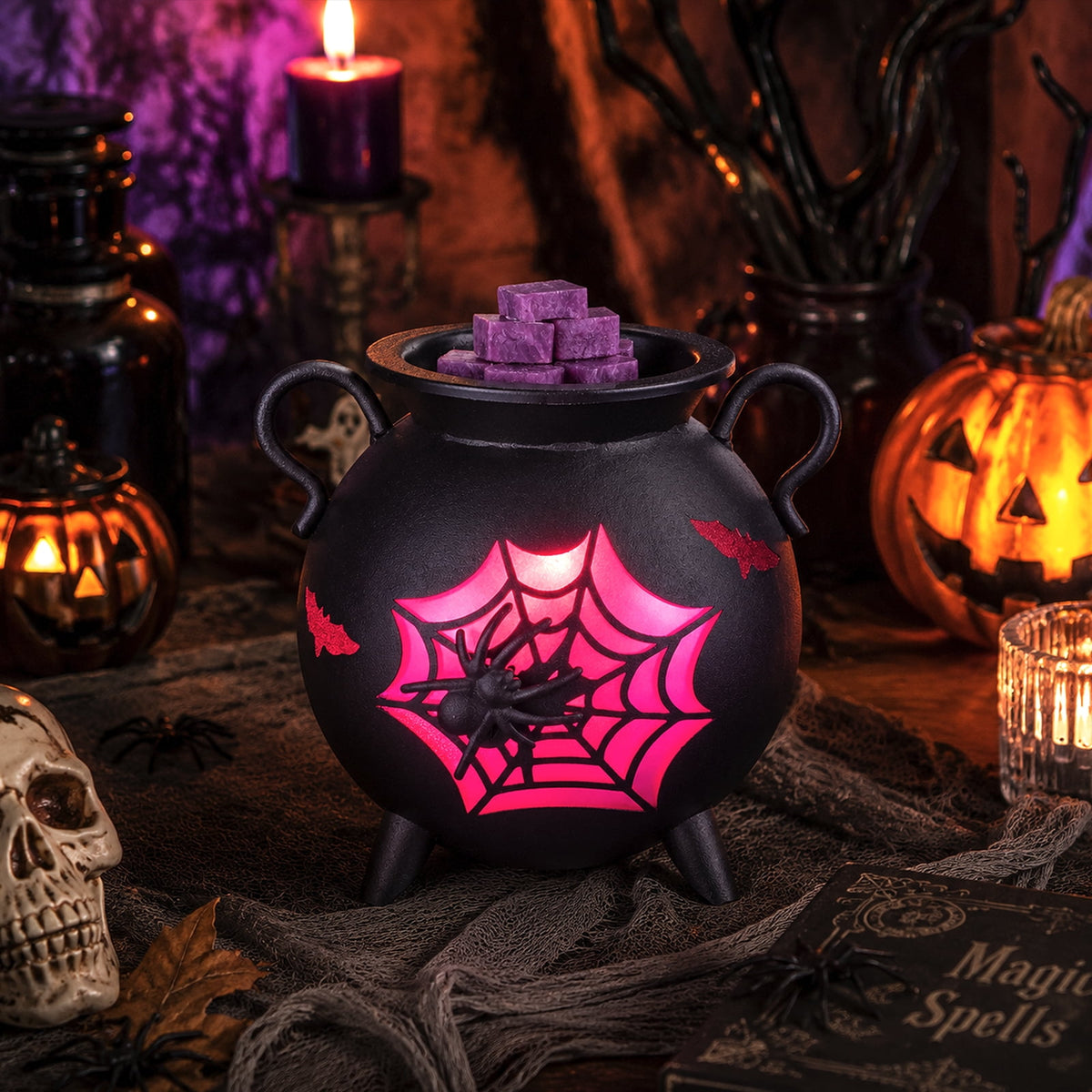 Sziqiqi Gothic Cauldron Wax Warmer: Halloween Electric Wax Melter with 2 Bulbs Spider Web Design Removable Dish for Scented Wax Spooky Home Decor Gift