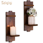 Sziqiqi Set of 2 Brown Wooden Wall Candle Sconces - Gothic Distressed Candle Holders Shelf for Pillar Candles & Tealights, French Country Wall Decor (15.75x5.1in)