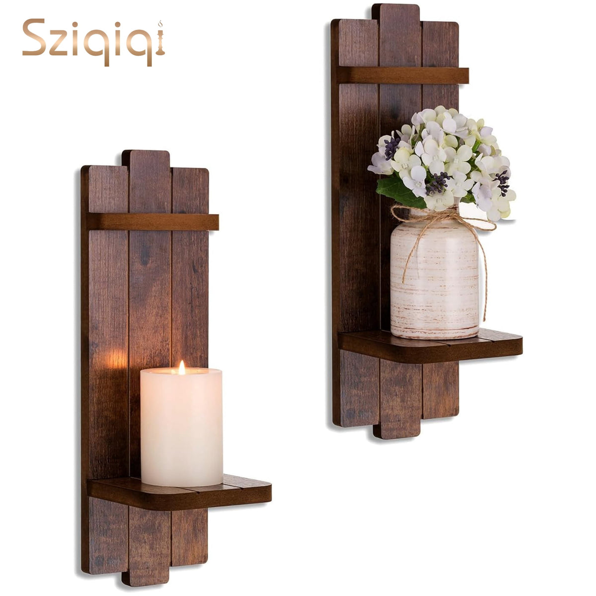Sziqiqi Set of 2 Brown Wooden Wall Candle Sconces - Gothic Distressed Candle Holders Shelf for Pillar Candles & Tealights, French Country Wall Decor (15.75x5.1in)