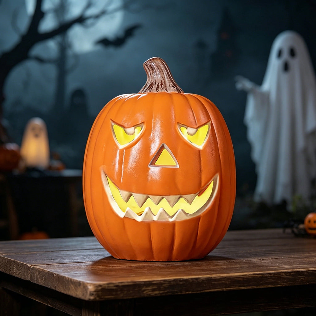 Horror Spacez Halloween Oblong Jack O Lantern Pumpkin, Evil Eye Jack O Lantern LED Light Fanged