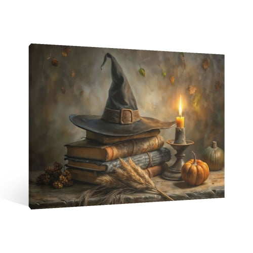 Vintage Halloween witch hat Canvas Wall Art Painting, Gothic Print Pictures for Home Wall Decor Retro Horror Creepy Dark Posters for Living Room Bedroom Bar Home Halloween Party Decor Framed
