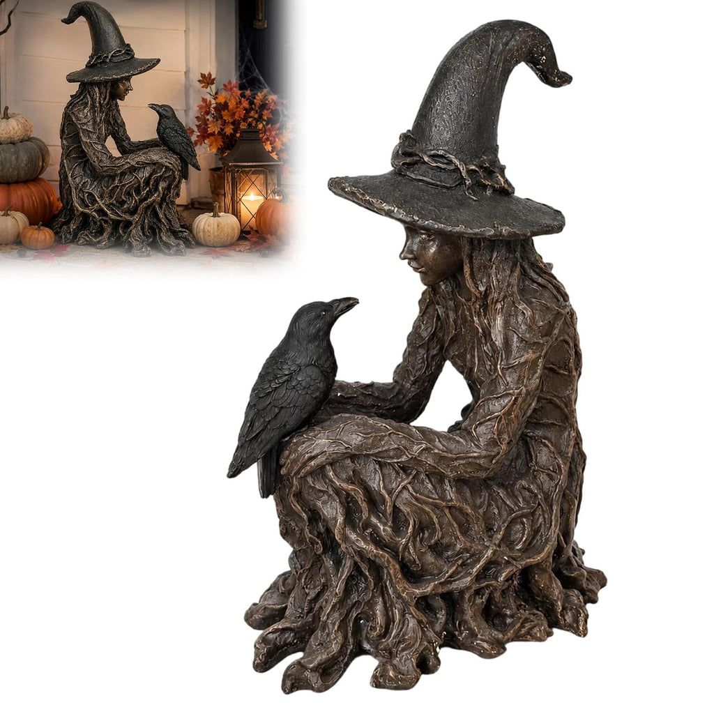 Witch Statue, Gothic Witch and Raven Figurine, Mystical Resin Tabletop Decor for Home, Shelf, Mantel, Office & Halloween Decoration