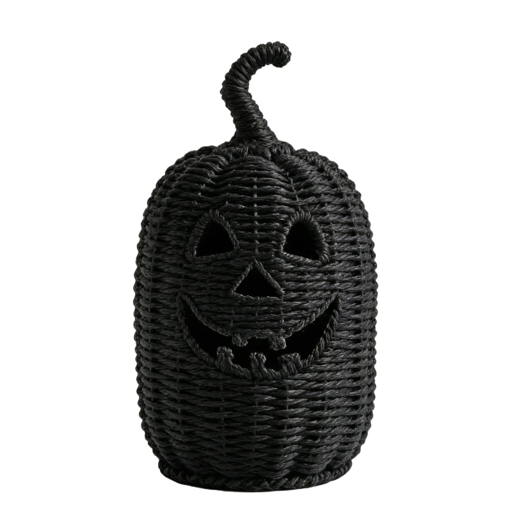 XHKUYI Halloween Hand-Woven Pumpkin Decorations 11.8 inches, Black Seagrass Jack-O-Lantern 11.8 inches, Pumpkin Candle Holder for Halloween Event Party Table Decoration