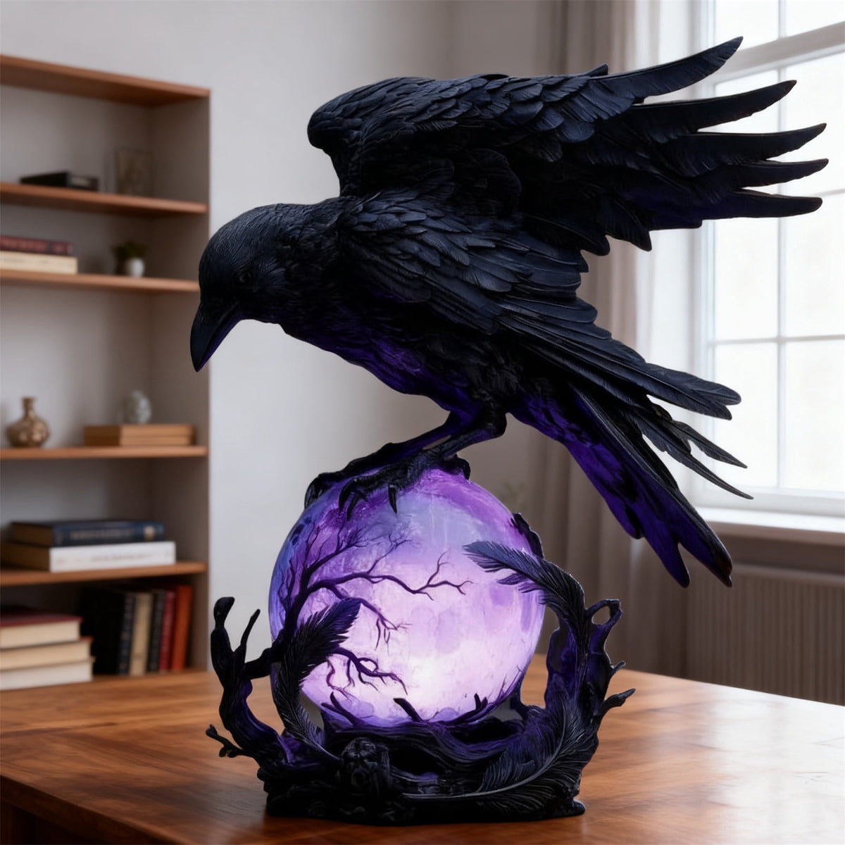 Yyuenw Raven Lamp | Crow Lamp | “Raven’s Moonlight” Gothic LED Lamps | Gothic LED Lamps Moonlight of Crow | Ravens On Glowing Orb with Violet Light for Gothics Collectors Home Decor