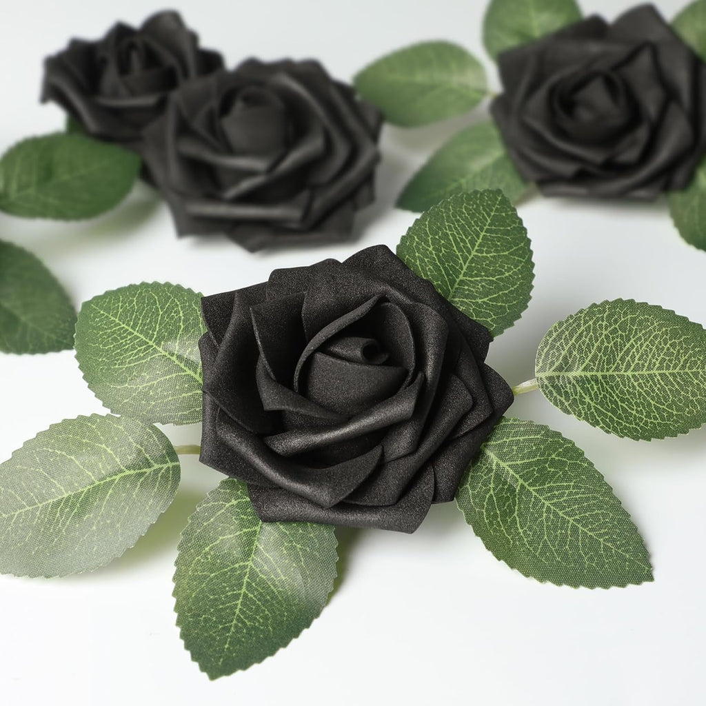 Mocoosy 50Pcs Black Roses Artificial Flowers, Fake Roses for Decorations Real Touch Foam Rose Bulk with Stem Gothic Wedding Bouquet DIY Floral Arrangements Bridal Shower Valentine's Party Table Decor