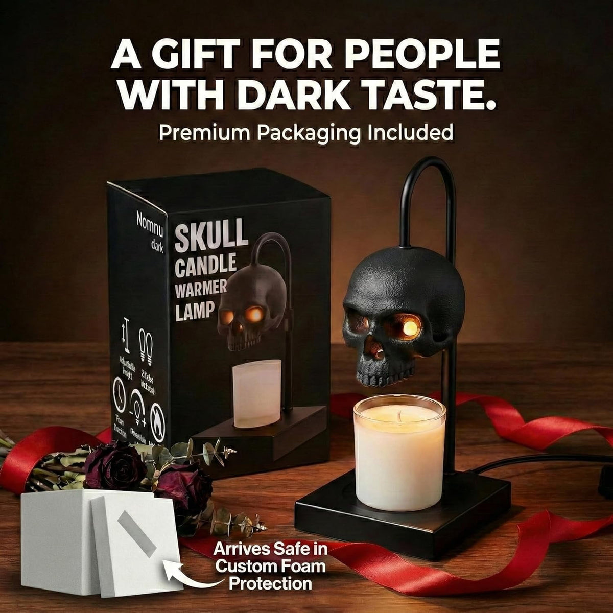 Skull Candle Warmer Lamp with Timer and Dimmer *Candles NOT Included – Black Gothic Candle Lamp Warmer w/Adjustable Height, 2 Light Bulbs – Skull Decor, Goth Gothic Decor Spooky Home & Witchy Gifts