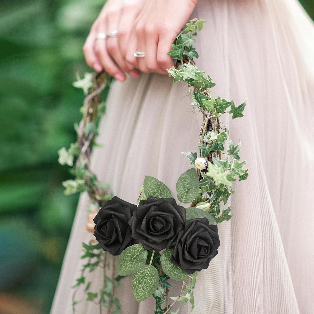 Mocoosy 50Pcs Black Roses Artificial Flowers, Fake Roses for Decorations Real Touch Foam Rose Bulk with Stem Gothic Wedding Bouquet DIY Floral Arrangements Bridal Shower Valentine's Party Table Decor