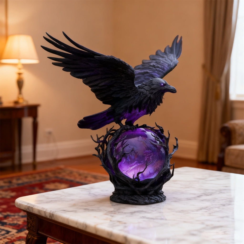 Hallowmas Gothic LED Table Lamp Mysterious Crow on Glowing Sculpture, Mysterious Dark Crow on Glowing Orb Light Sculpture, Spooky Ravens Crow Table Lamps