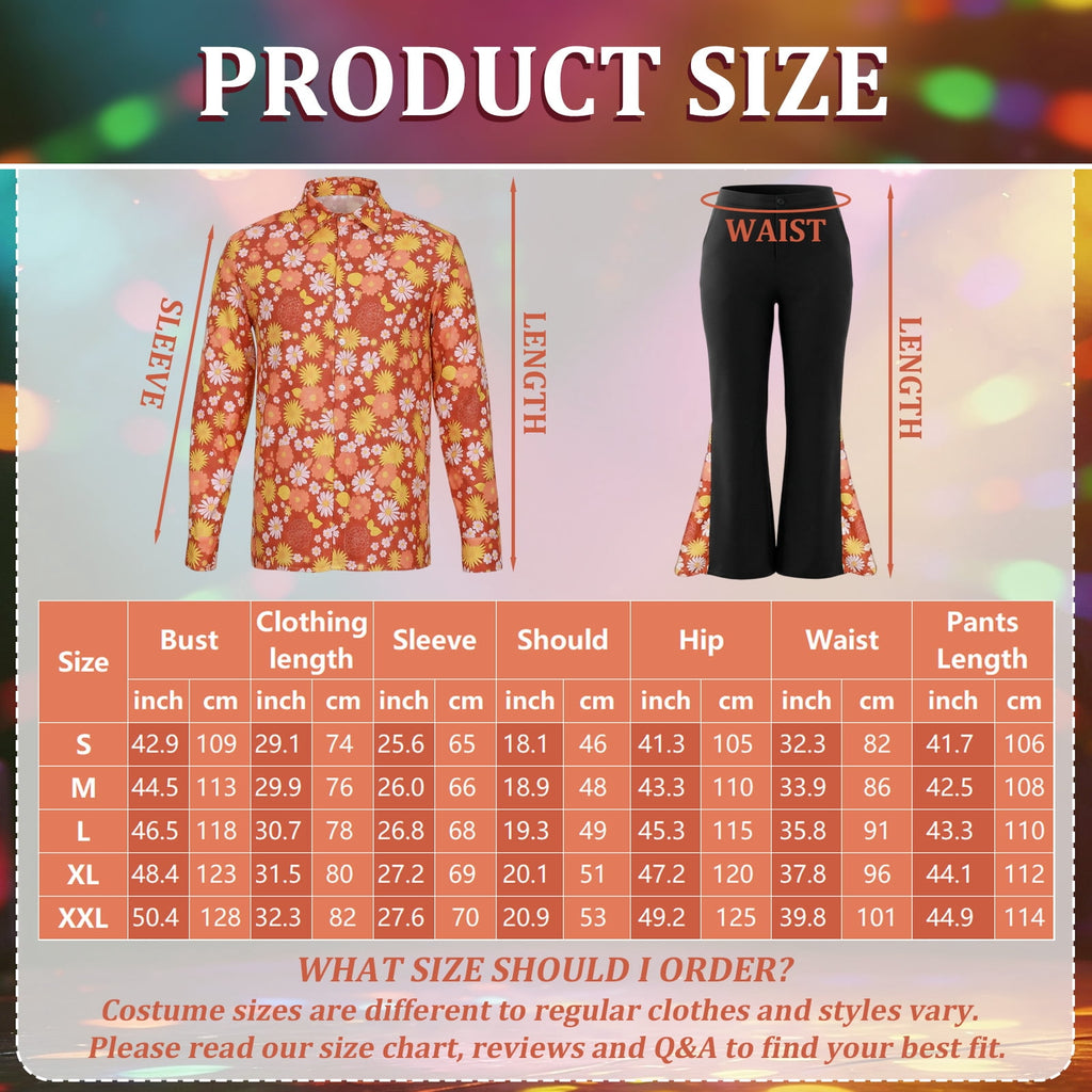 Alaiyaky 70s Disco Outfit Men Disco Costume Set Men with Shirt Flared Pants Accessories 1970s Fancy Dress for Adults Hippie Costume for Halloween Carnival Party