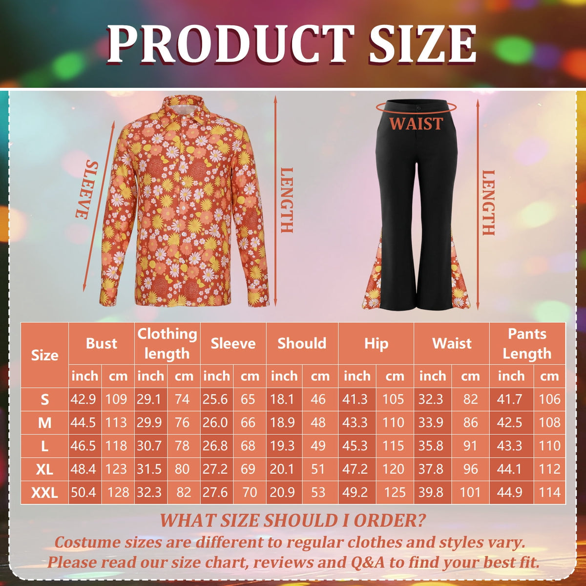Alaiyaky 70s Disco Outfit Men Disco Costume Set Men with Shirt Flared Pants Accessories 1970s Fancy Dress for Adults Hippie Costume for Halloween Carnival Party
