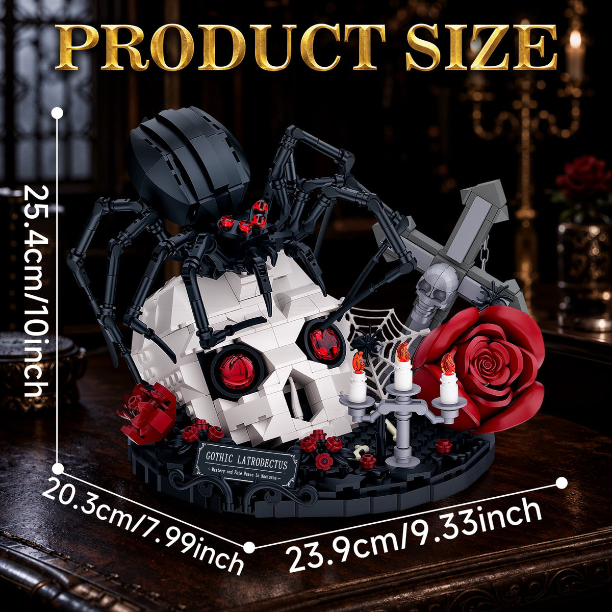 Gothic Skull Black Spider Building Block Sets with Rose, 858Pcs Dark Horror Art Decor Collectible, Halloween Gift for Teens Adults 14+
