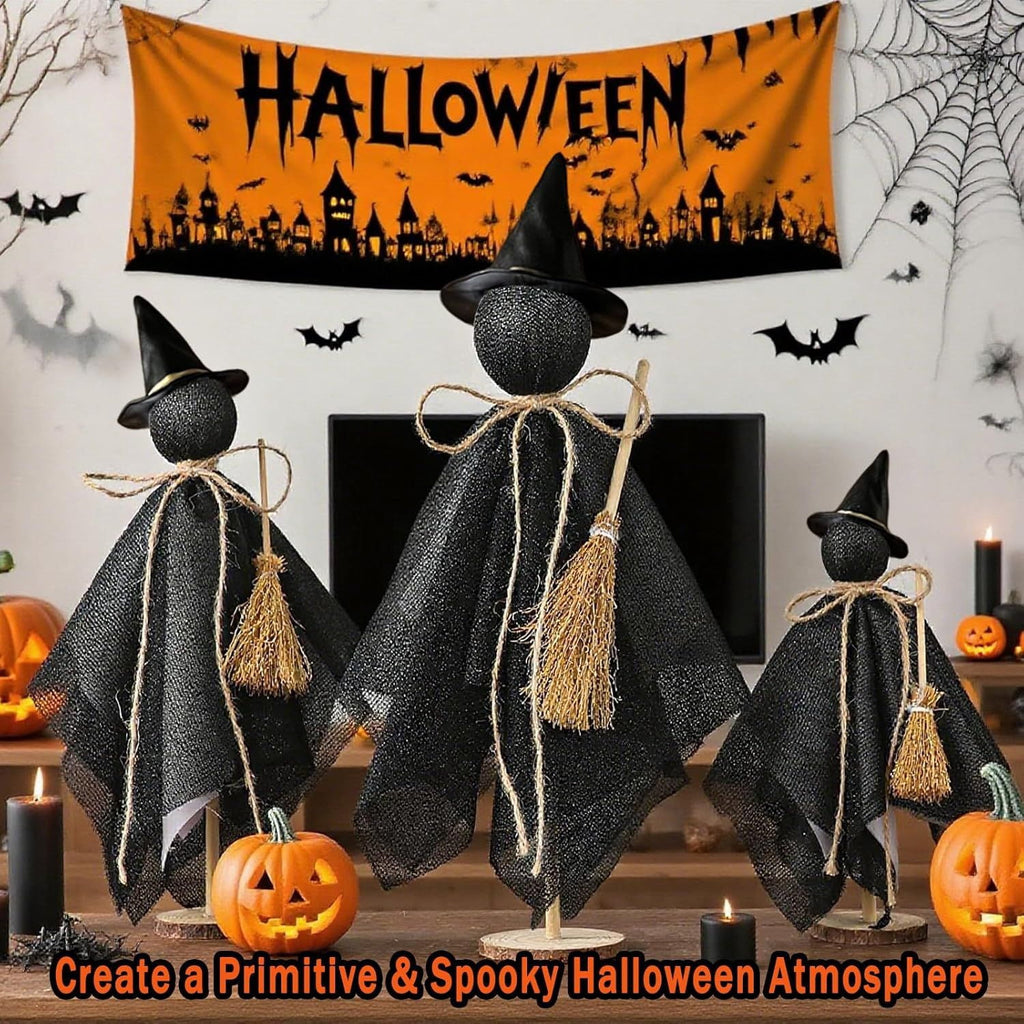 Halloween Decorations Indoor, 3 Set Primitive Halloween Ghosts with Hat, Wooden Stand Ghost Decor for Table Centerpieces, Mantels, Shelves, Vintage Spooky & Festive Party Decor