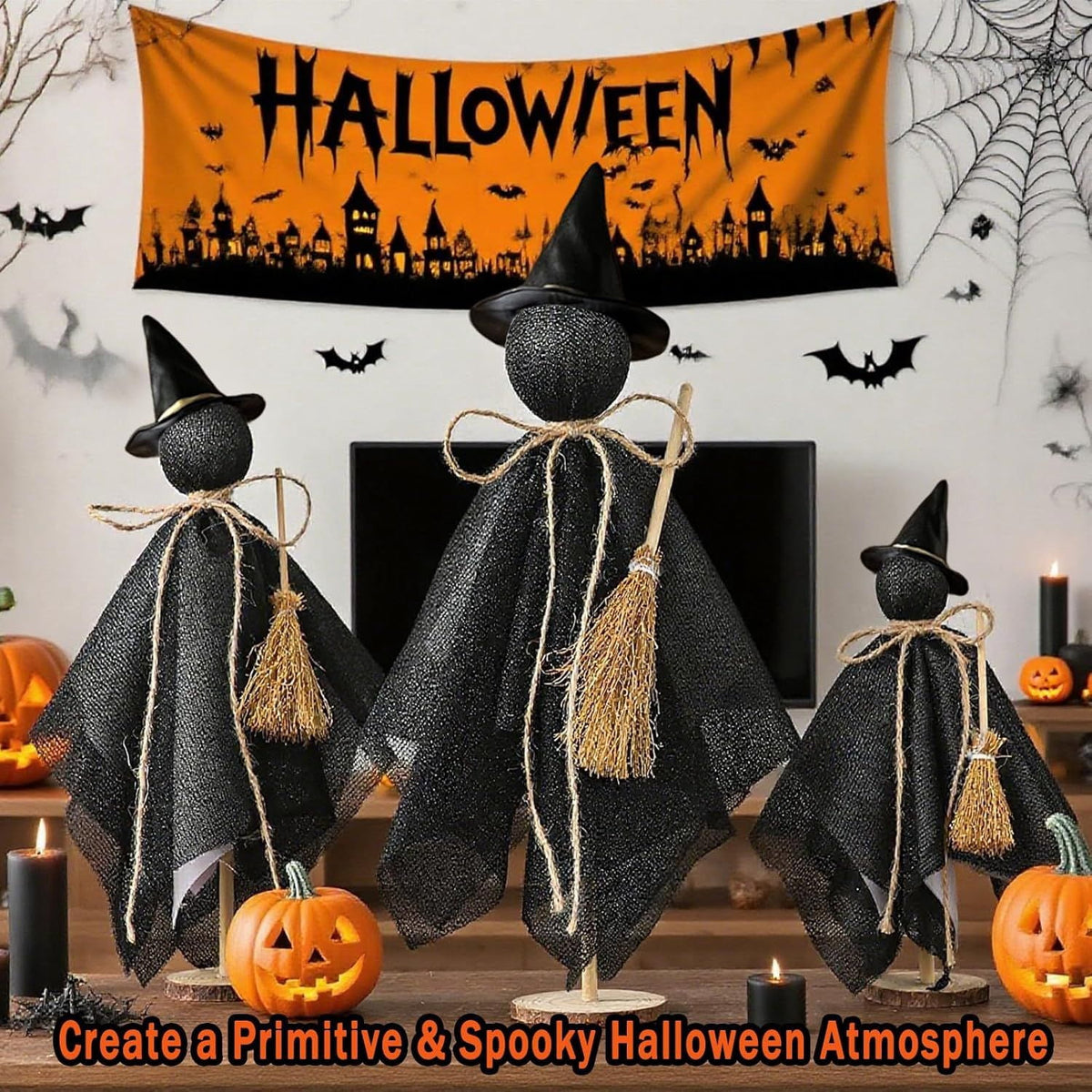 Halloween Decorations Indoor, 3 Set Primitive Halloween Ghosts with Hat, Wooden Stand Ghost Decor for Table Centerpieces, Mantels, Shelves, Vintage Spooky & Festive Party Decor