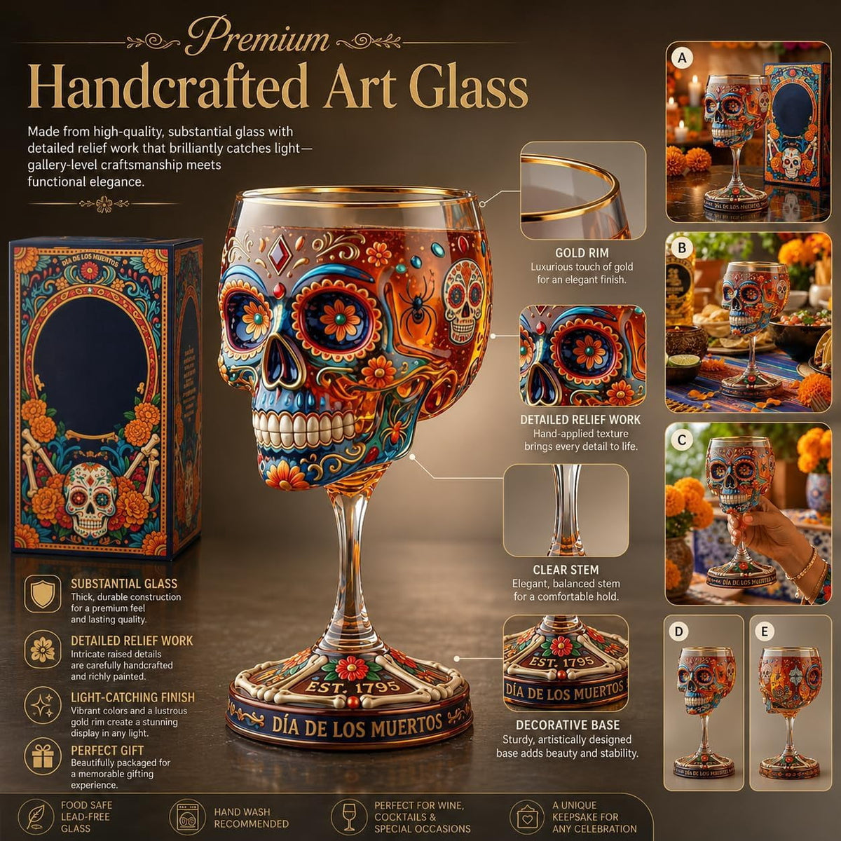 Rongyun Day of the Dead Collector Tequila Gothic Decor, Relief Sugar Skull Pattern, For Home Bar And Halloween Altar Display, Unique Gift For Enthusiasts (2 PCS)