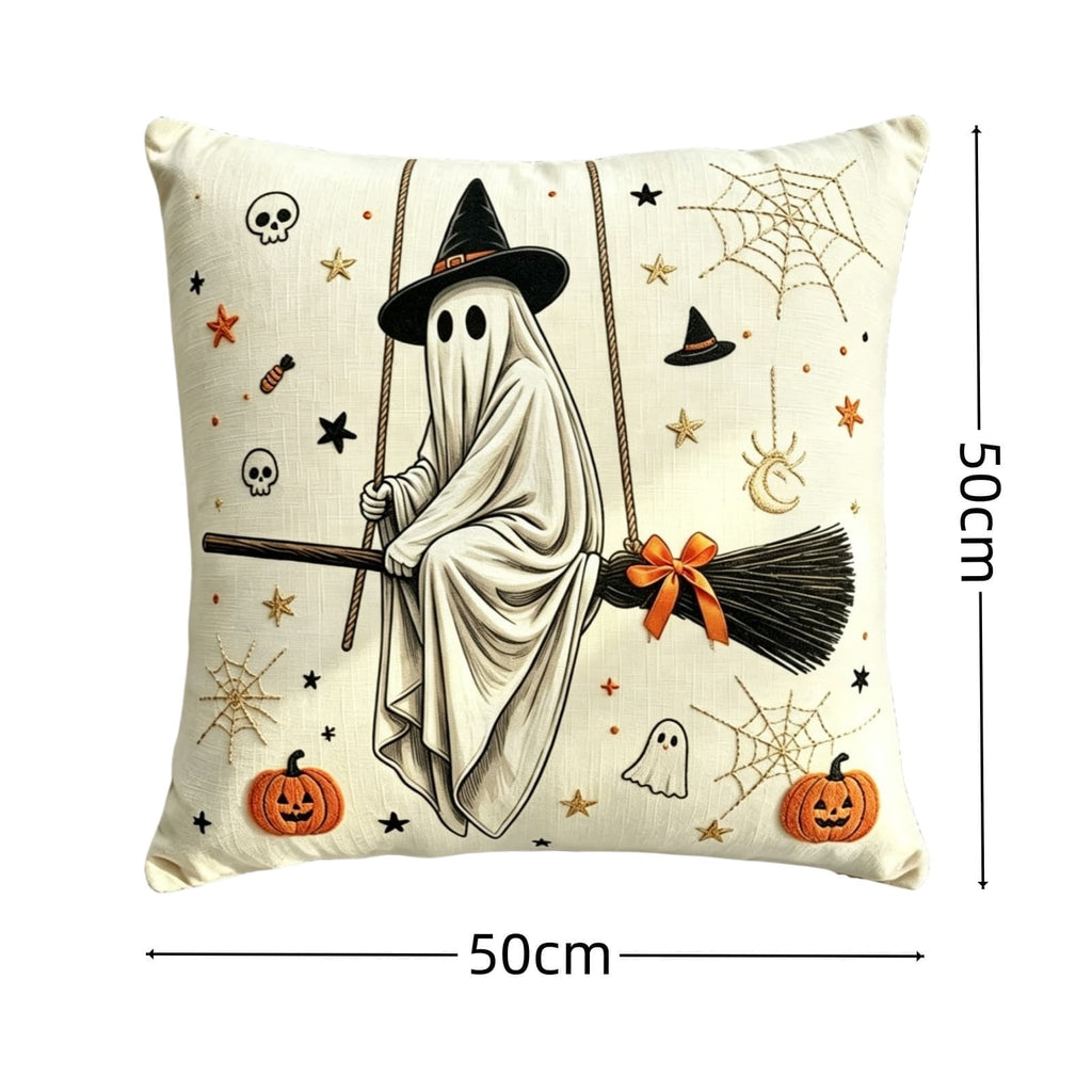 Halloween Vintage Hanging Ghost Throw Pillow, Ghost in Witch Hat Riding Broom Decorative Cushion, Farmhouse Style Pillow, for Sofa, Couch, Halloween Party Decoration, 20x20inch