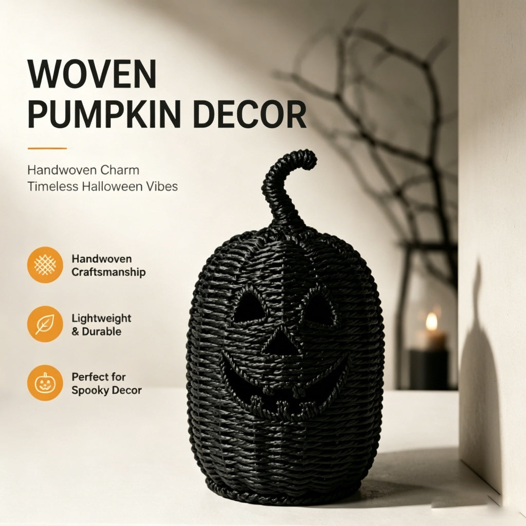 XHKUYI Halloween Hand-Woven Pumpkin Decorations 11.8 inches, Black Seagrass Jack-O-Lantern 11.8 inches, Pumpkin Candle Holder for Halloween Event Party Table Decoration