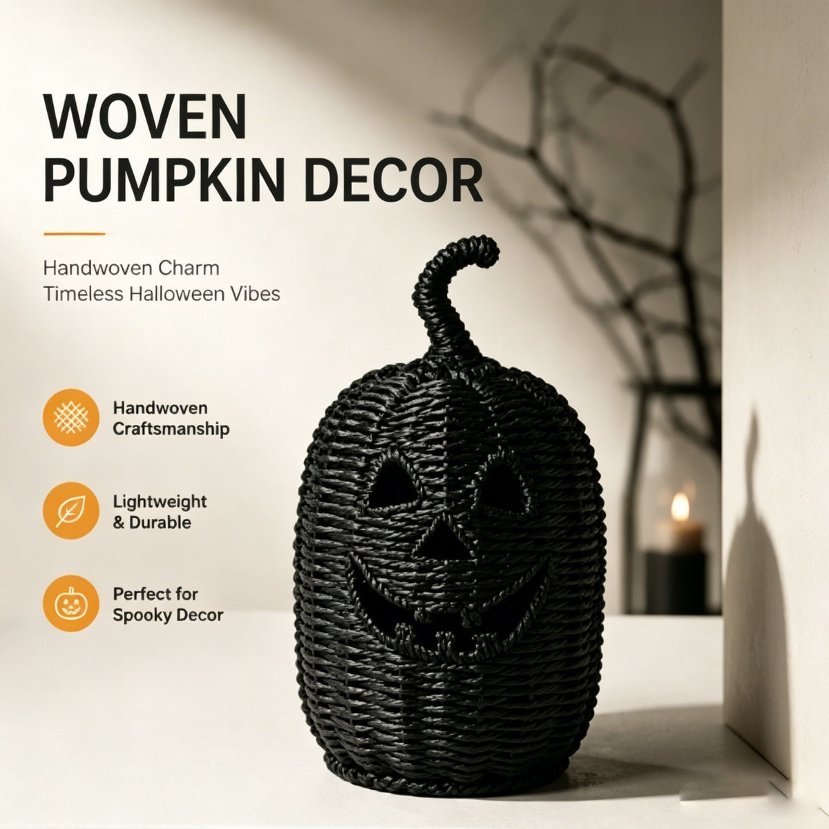 XHKUYI Halloween Hand-Woven Pumpkin Decorations 11.8 inches, Black Seagrass Jack-O-Lantern 11.8 inches, Pumpkin Candle Holder for Halloween Event Party Table Decoration
