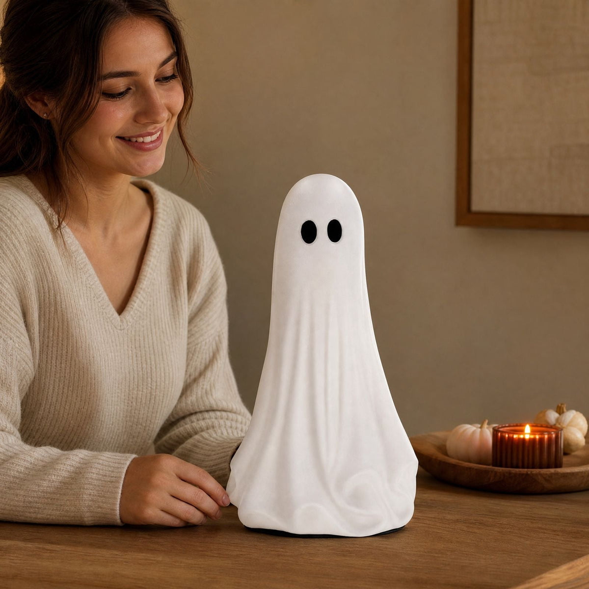 Large Ghost with Bow Tabletop Decoration, Halloween Ghost Figurine, Spooky 3D Print Statue For Mantel Shelf Entryway Table Fall Holiday Decoration, Black and White, 20"