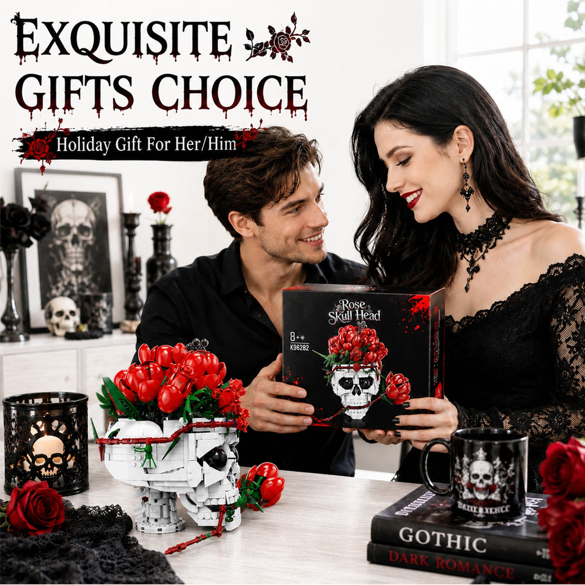 Skull Roses Flower Bouquet Building Set, Horror Skeleton Botanical Brick Kit for Adults, Gothic Decor with Red Roses, Unique Goth Gift for Halloween & Valentine's Day (1065PCS)