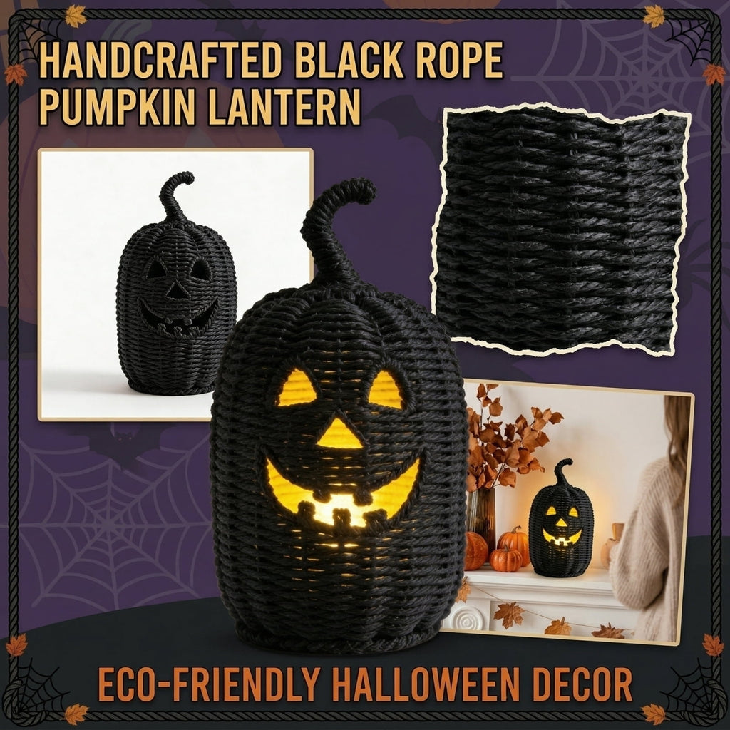 XHKUYI Halloween Hand-Woven Pumpkin Decorations 11.8 inches, Black Seagrass Jack-O-Lantern 11.8 inches, Pumpkin Candle Holder for Halloween Event Party Table Decoration
