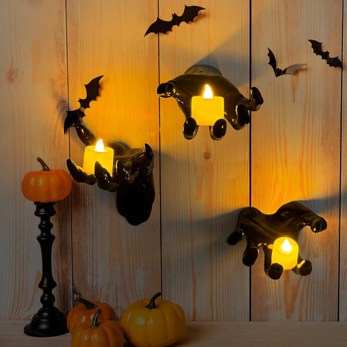 Dakimoe Halloween Decorations Indoor Outdoor Pack of 3 Wall Mounted Creepy Reaching Hands with Lighted Candles Life-Sized Horror Hands for Wall Decorations Gothic Hanging Wall Art Sculpture