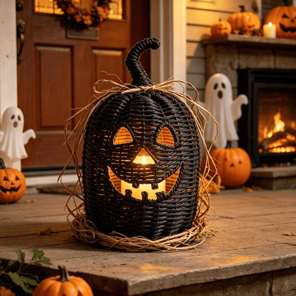 XHKUYI Halloween Hand-Woven Pumpkin Decorations 11.8 inches, Black Seagrass Jack-O-Lantern 11.8 inches, Pumpkin Candle Holder for Halloween Event Party Table Decoration