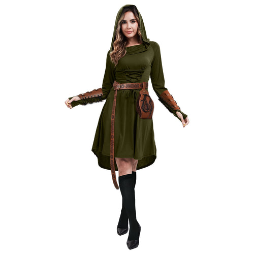 MYATED 5 Pcs Womens Renaissance Costumes Medieval Vintage Hooded Dress, Gothic Costume Fairy Dress Suitable for Halloween Cosplay (Green,M)