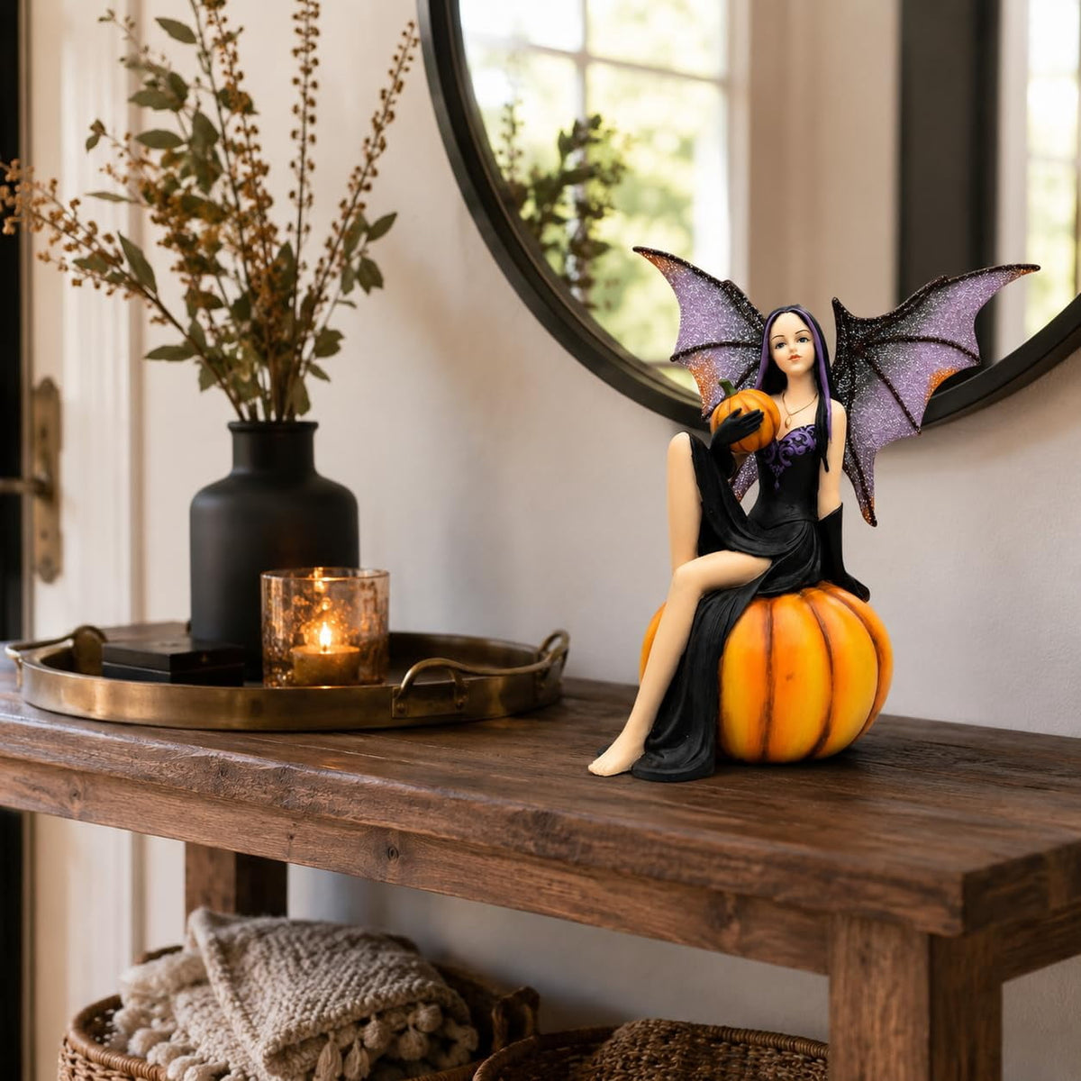 Comfy Hour 5.9 Inch Solid Resin Halloween Fairy Figurine, Orange Pumpkin Gothic Decor