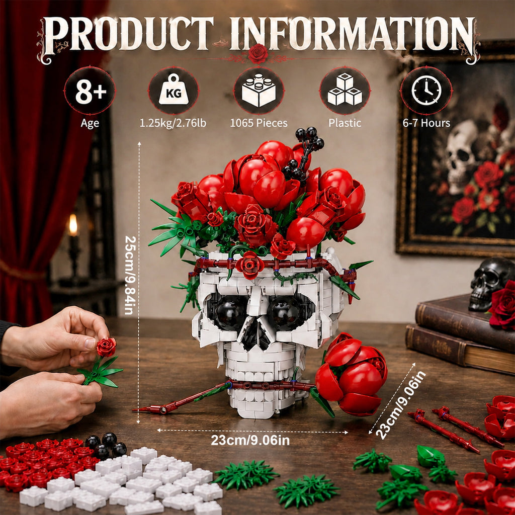 Skull Roses Flower Bouquet Building Set, Horror Skeleton Botanical Brick Kit for Adults, Gothic Decor with Red Roses, Unique Goth Gift for Halloween & Valentine's Day (1065PCS)
