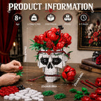 Skull Roses Flower Bouquet Building Set, Horror Skeleton Botanical Brick Kit for Adults, Gothic Decor with Red Roses, Unique Goth Gift for Halloween & Valentine's Day (1065PCS)