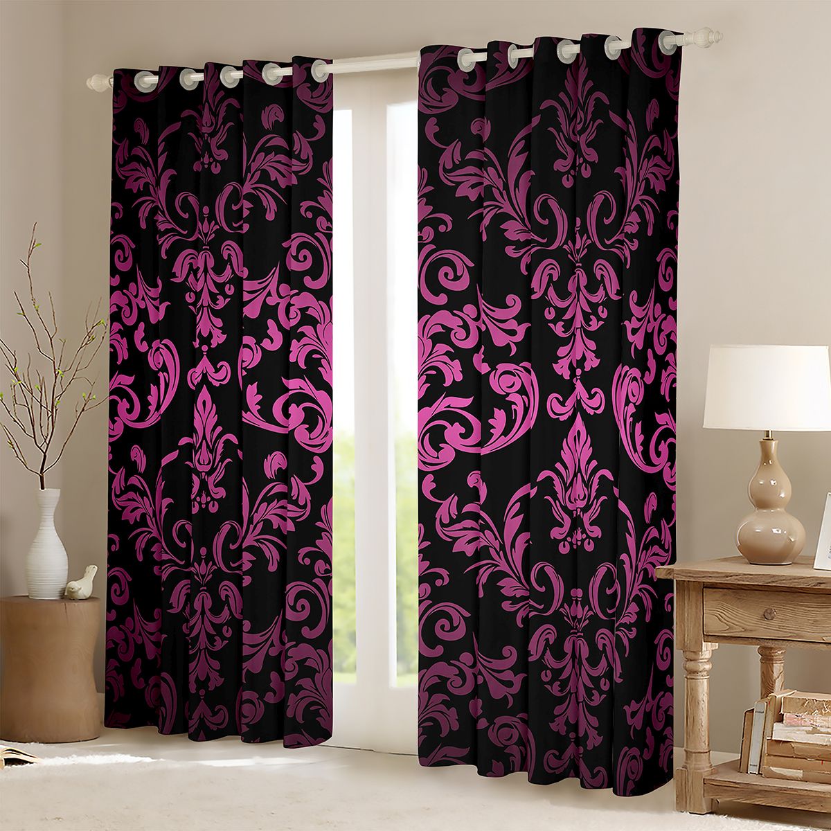 jejeloiu Vintage Baroque Flower Black Out Curtains,Gothic Damask Curtains Pack of 2 (42x63 Each),Pink Black Bedroom Curtains For Adults,Microfiber Bedroom Decor