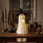 Handwoven Wicker Ghost with Detachable Witch Hat Lid - Rustic Rattan Style Spooky Lantern Centerpiece Halloween Decoration, Dark Botanical & Farmhouse Tabletop Mantle Decor, 13.78", Black & White
