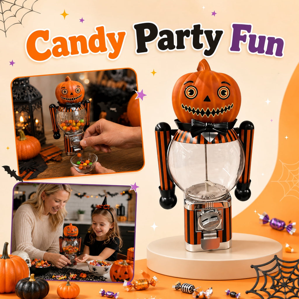 Vintage Striped Pumpkin Candy Dispenser, Jack-o'-Lantern Mini Gumball Machine with Clear Container, Halloween Decorations, Desktop Ornament, Halloween Table Centerpiece & Party Favor Gift