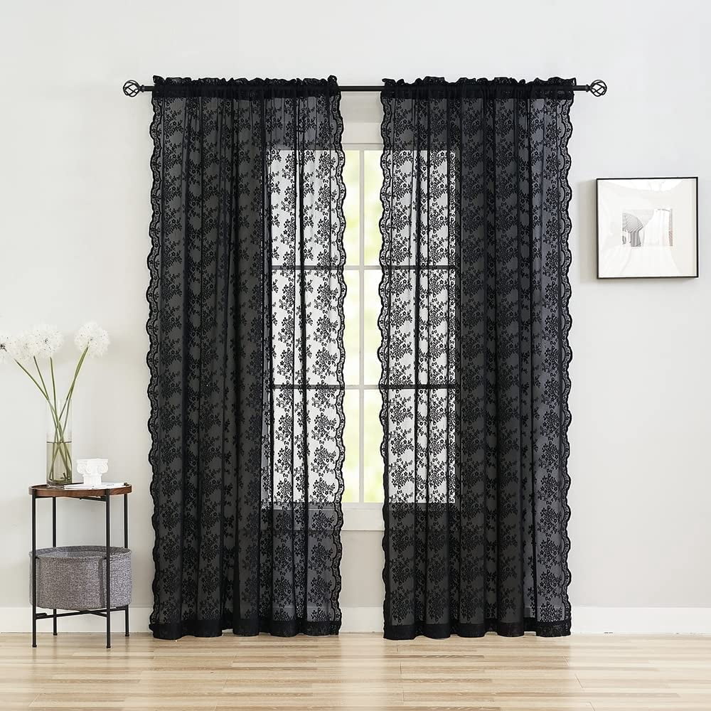 Vintage Lace Curtains 72 Inch Length Goth Black Floral Sheer Sidelight For Front Door Coffin/dark/halloween/spooky/skull/moody/witch/creepy Room Decor 52" W X 72" L