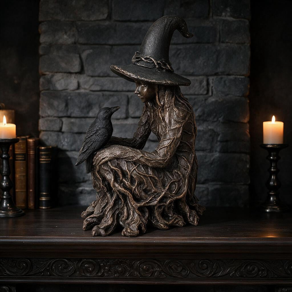 Witch Statue, Gothic Witch and Raven Figurine, Mystical Resin Tabletop Decor for Home, Shelf, Mantel, Office & Halloween Decoration