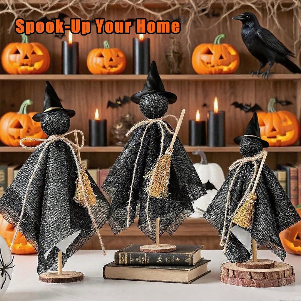 Halloween Decorations Indoor, 3 Set Primitive Halloween Ghosts with Hat, Wooden Stand Ghost Decor for Table Centerpieces, Mantels, Shelves, Vintage Spooky & Festive Party Decor