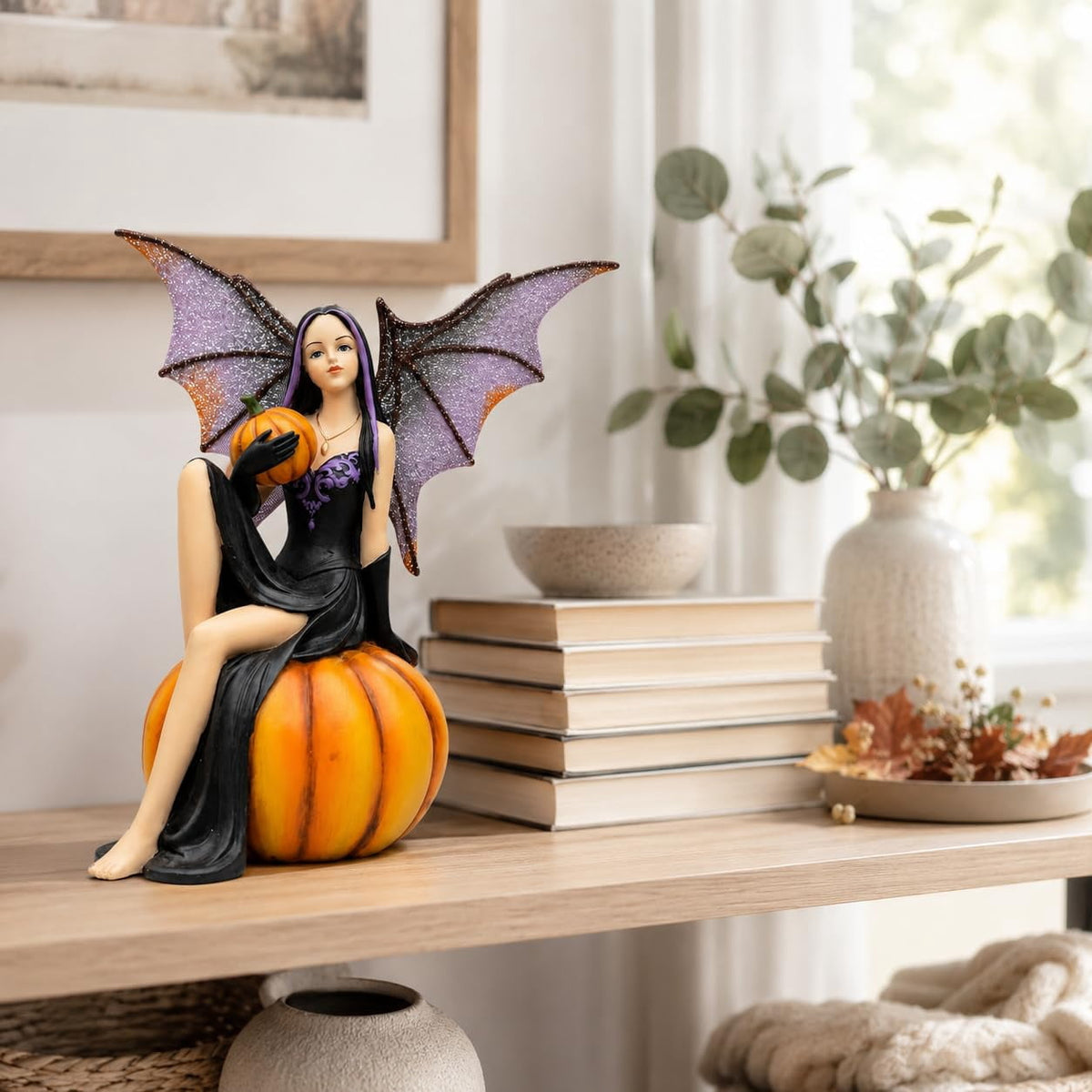 Comfy Hour 5.9 Inch Solid Resin Halloween Fairy Figurine, Orange Pumpkin Gothic Decor