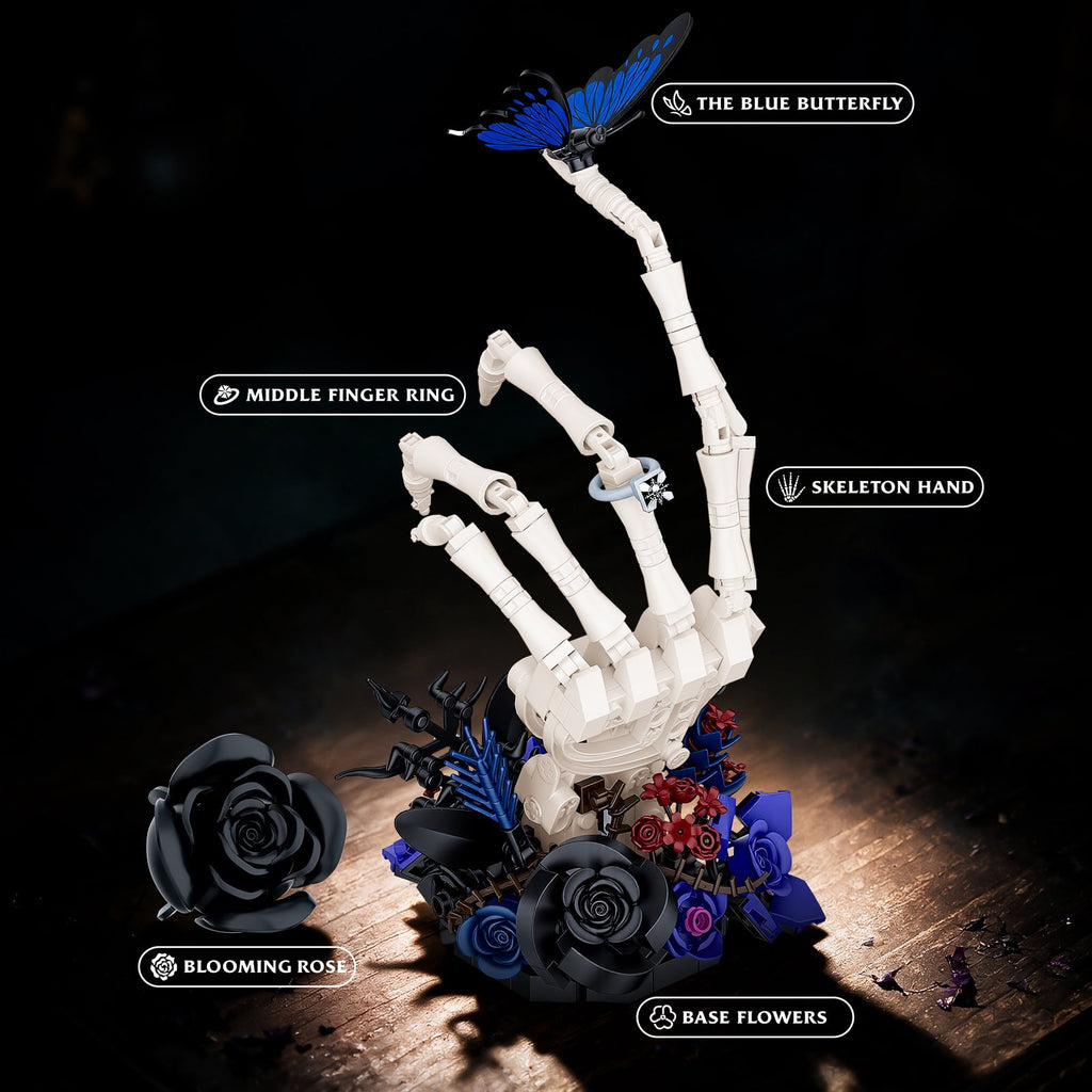 Skeleton Hand with Black Rose Building Set, 2-in-1 Movable Gothic Skull Flower Building Kit, 453Pcs Dark Tabletop Decor, Halloween Gift for Adults