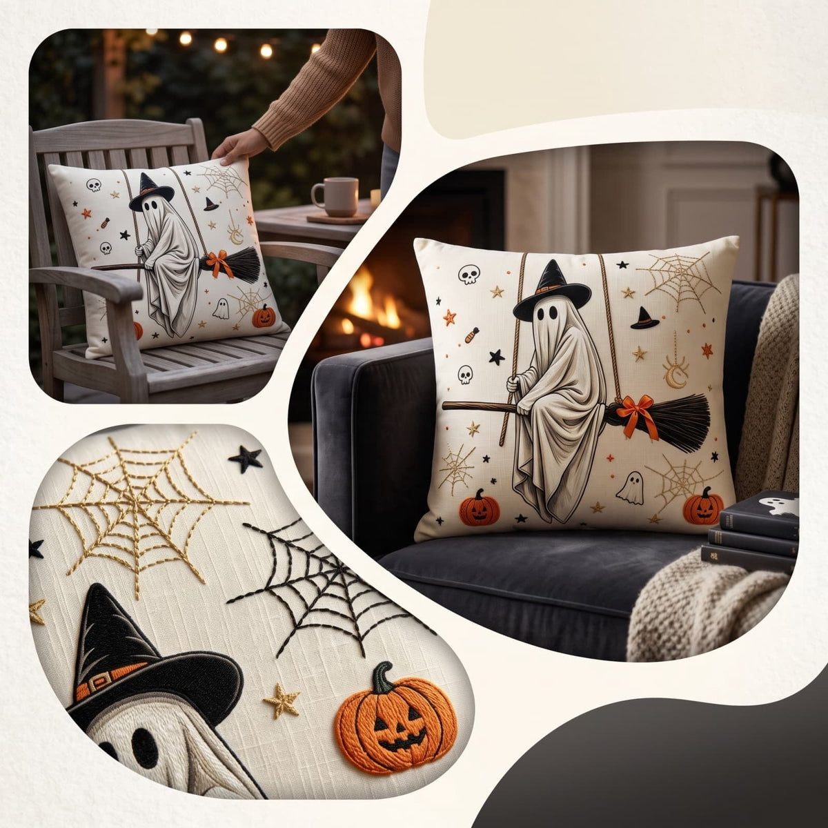 Halloween Vintage Hanging Ghost Throw Pillow, Ghost in Witch Hat Riding Broom Decorative Cushion, Farmhouse Style Pillow, for Sofa, Couch, Halloween Party Decoration, 20x20inch