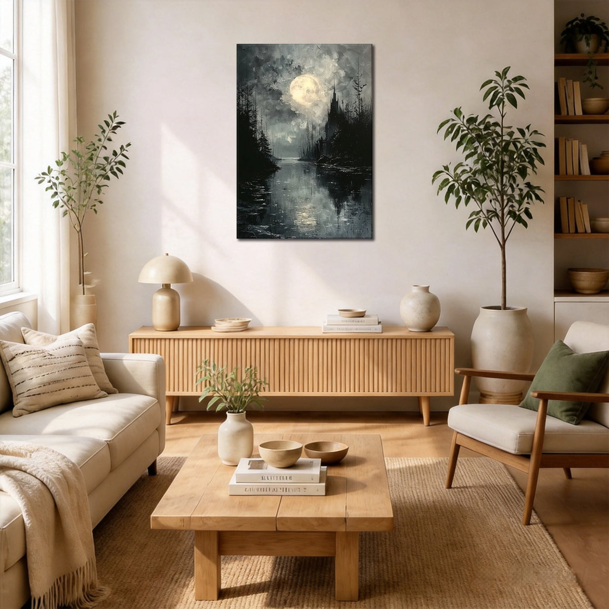 Gothic Full Moon Over Castle River Canvas Wall Art - Dark Fantasy Spooky Forest Oil Painting Print - Matte Finish Gallery Wrapped Haunted Landscape Decor Ready to Hang 16*24