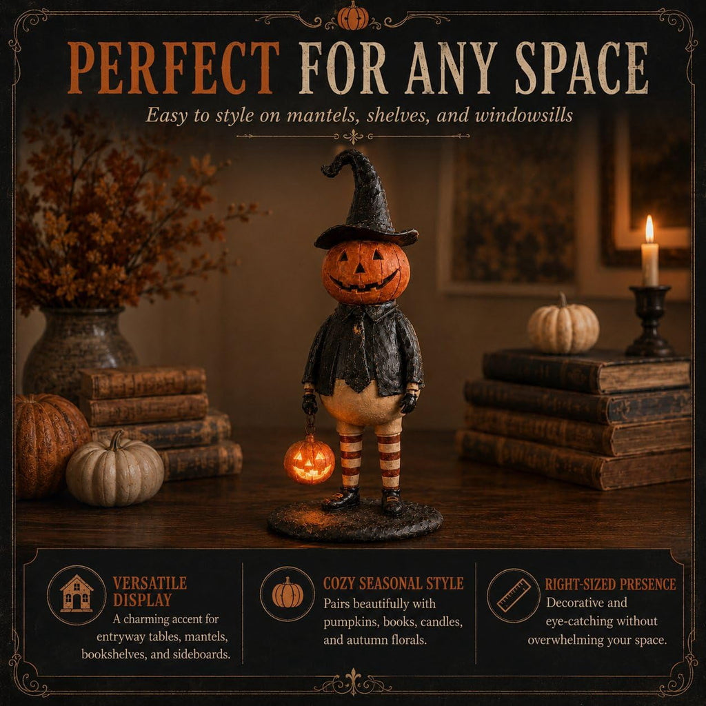 Halloween Pumpkin Head Figurine with Lighted Handheld Pumpkin Lantern - Vintage Witch Gentleman Tabletop Decor, Light Up O' Lantern Statue for Home Mantel Shelf Fall Decor