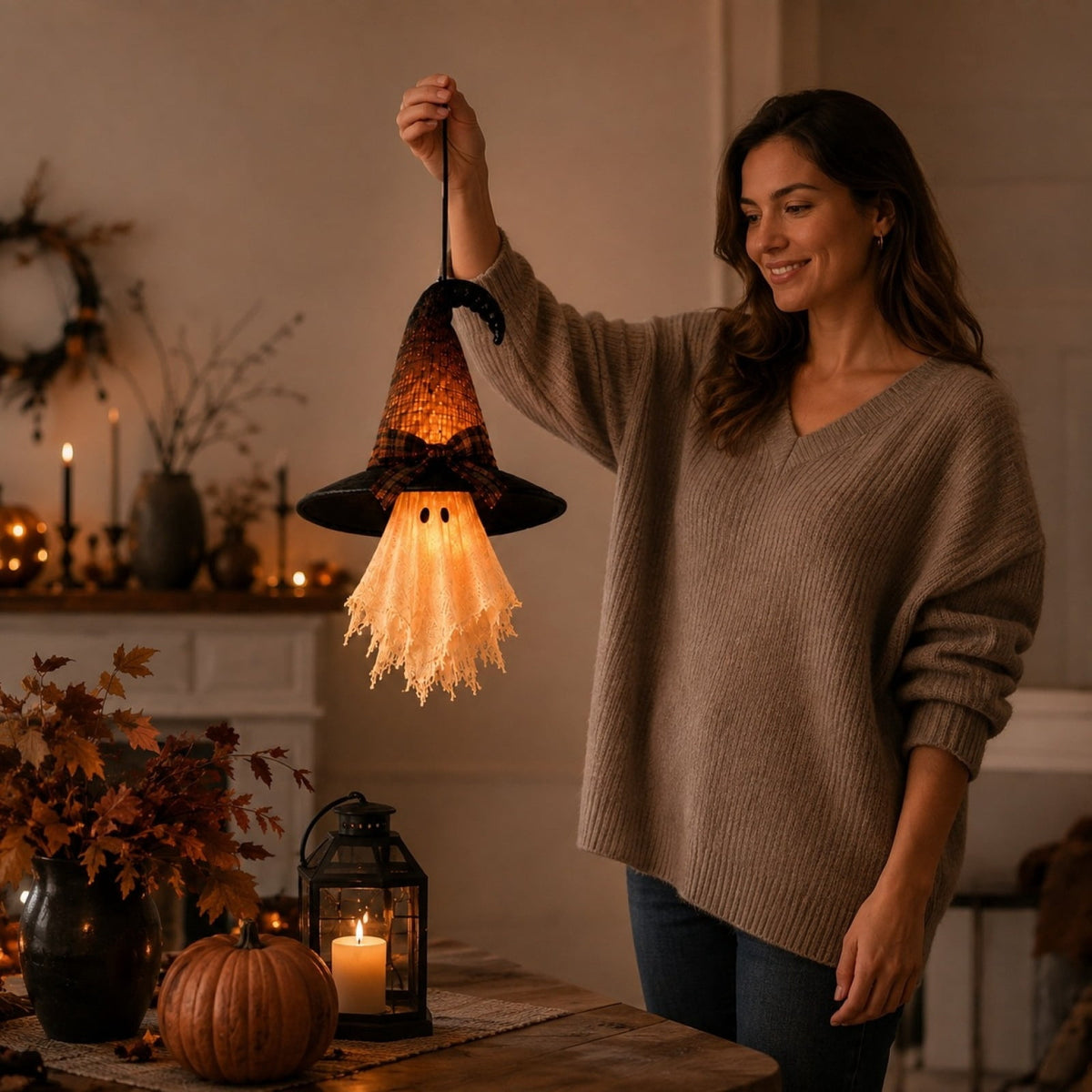 Witch Hat Ghost Pendant Light, Warm LED Hanging Ghost Ornament, Vintage Style Halloween Decor for Window, Porch and Indoor Party Display, 5.91 Inch Height