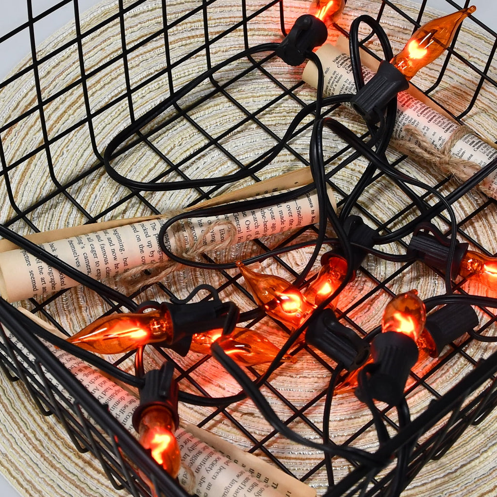 Halloween Decorations - Indoor and Outdoor Flickering Flame String Lights, 27.8ft C7 Vintage Flickering Flame String Lights, Orange String Lights with 25 Orange Clear Flame Bulbs (E12 Bulbs, Black Wi