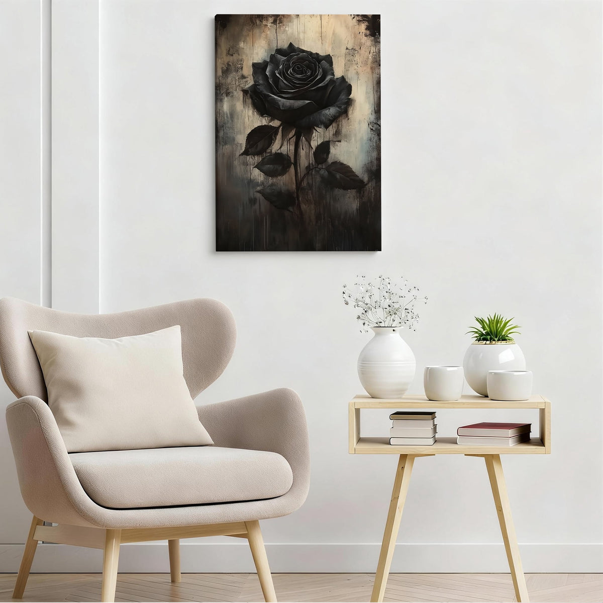 Black Rose Framed Canvas Wall Art - Moody Gothic Floral Oil Painting, Vintage Distressed Flower Print, Dark Aesthetic Decor For Living Room, Bedroom, Home Office 12*18inch(30*45cm)