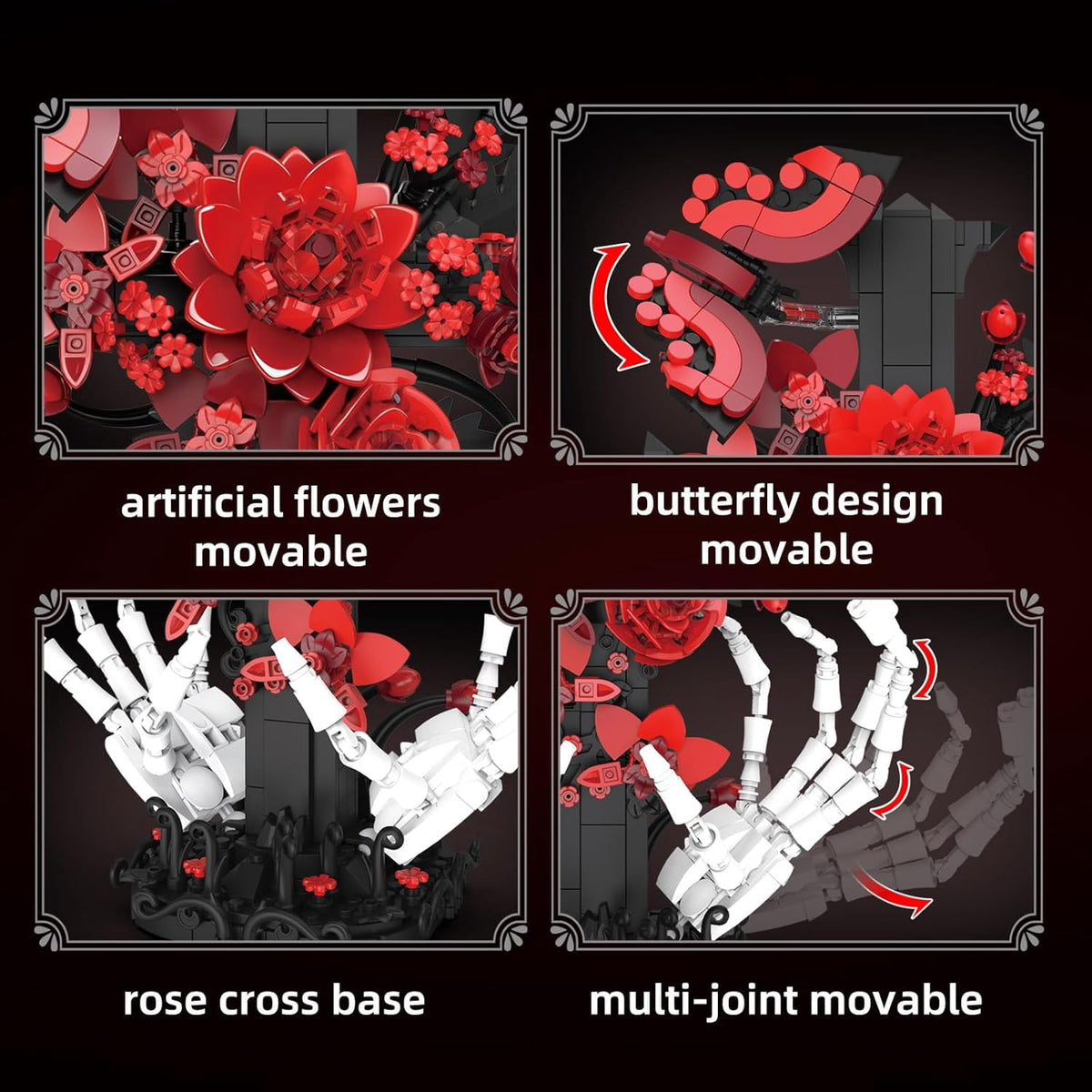 Gothic Cross Roses Building Set, Skeleton Hands with Flowers Botanical Collection Kit for Adults Women, Horror Goth Decor for Home Office, Gift for Her for Birthday/Halloween/Valentines Day/Christmas